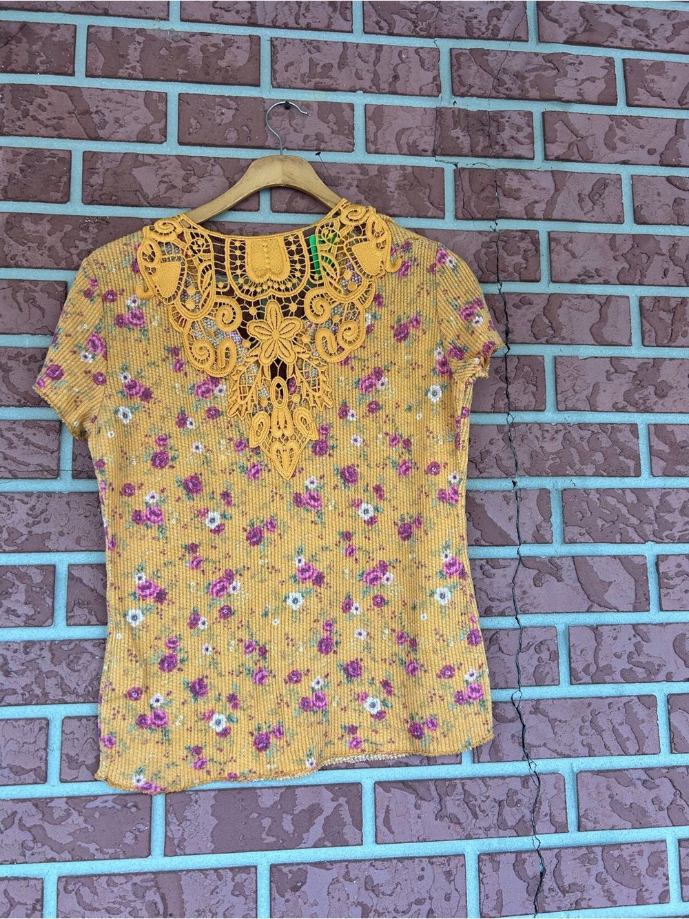 Ultra Flirt Yellow Floral Knit Top with Lace Yoke
